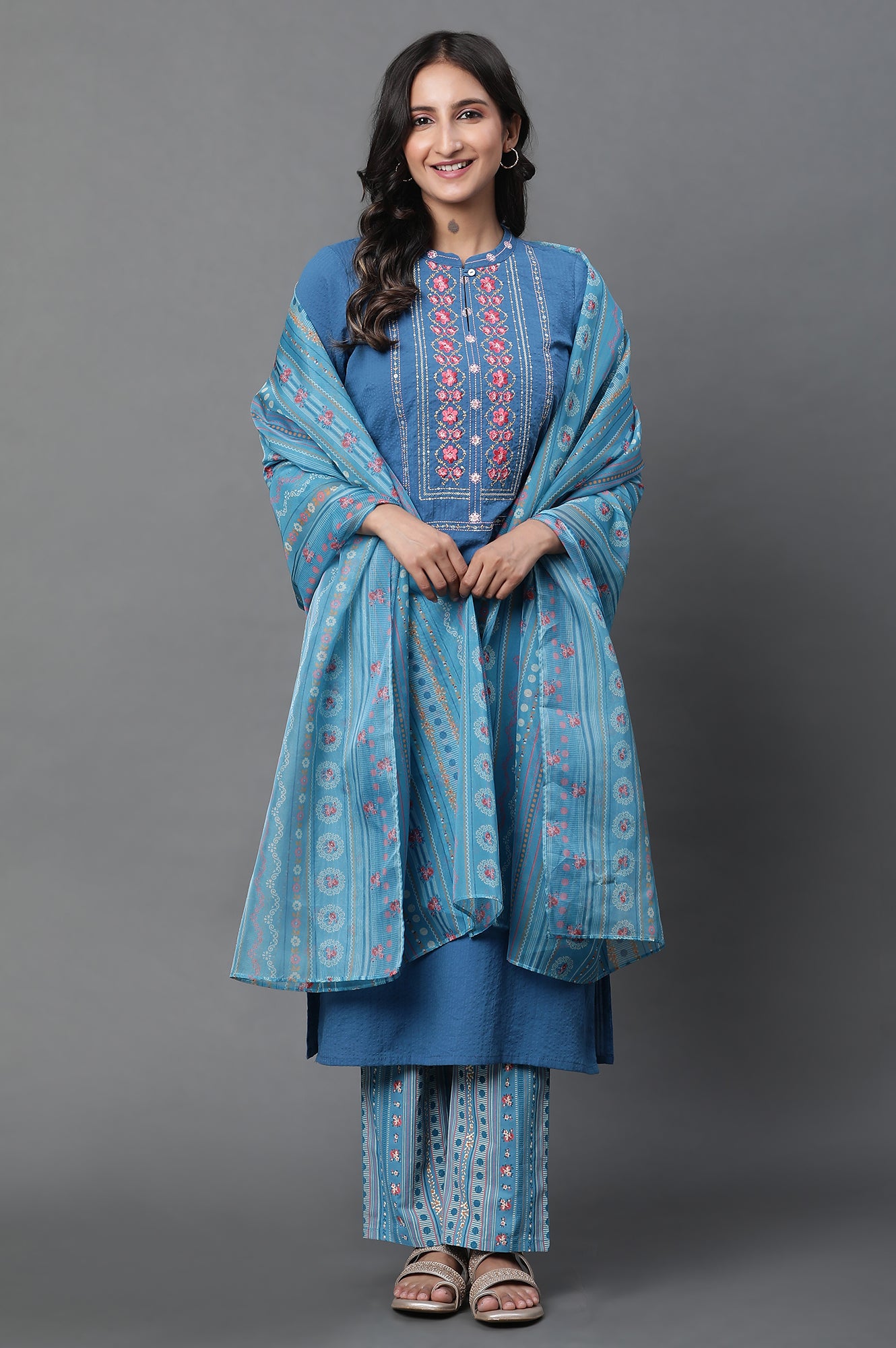 Blue Sheer Oranga Floral Printed Dupatta