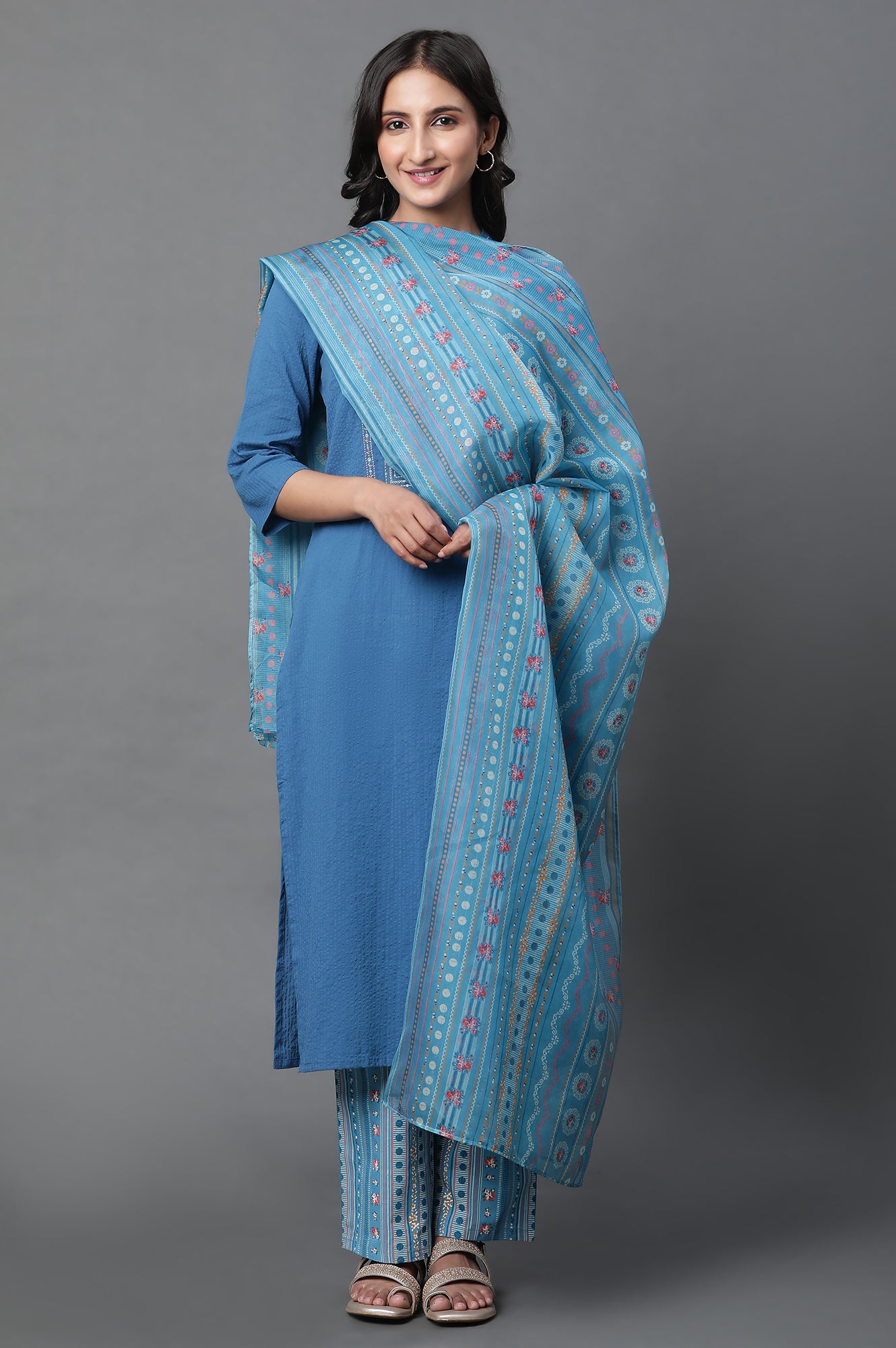 Blue Sheer Oranga Floral Printed Dupatta