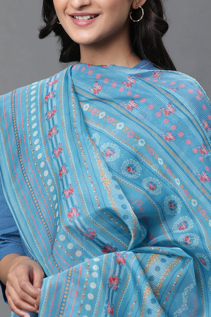 Blue Sheer Oranga Floral Printed Dupatta