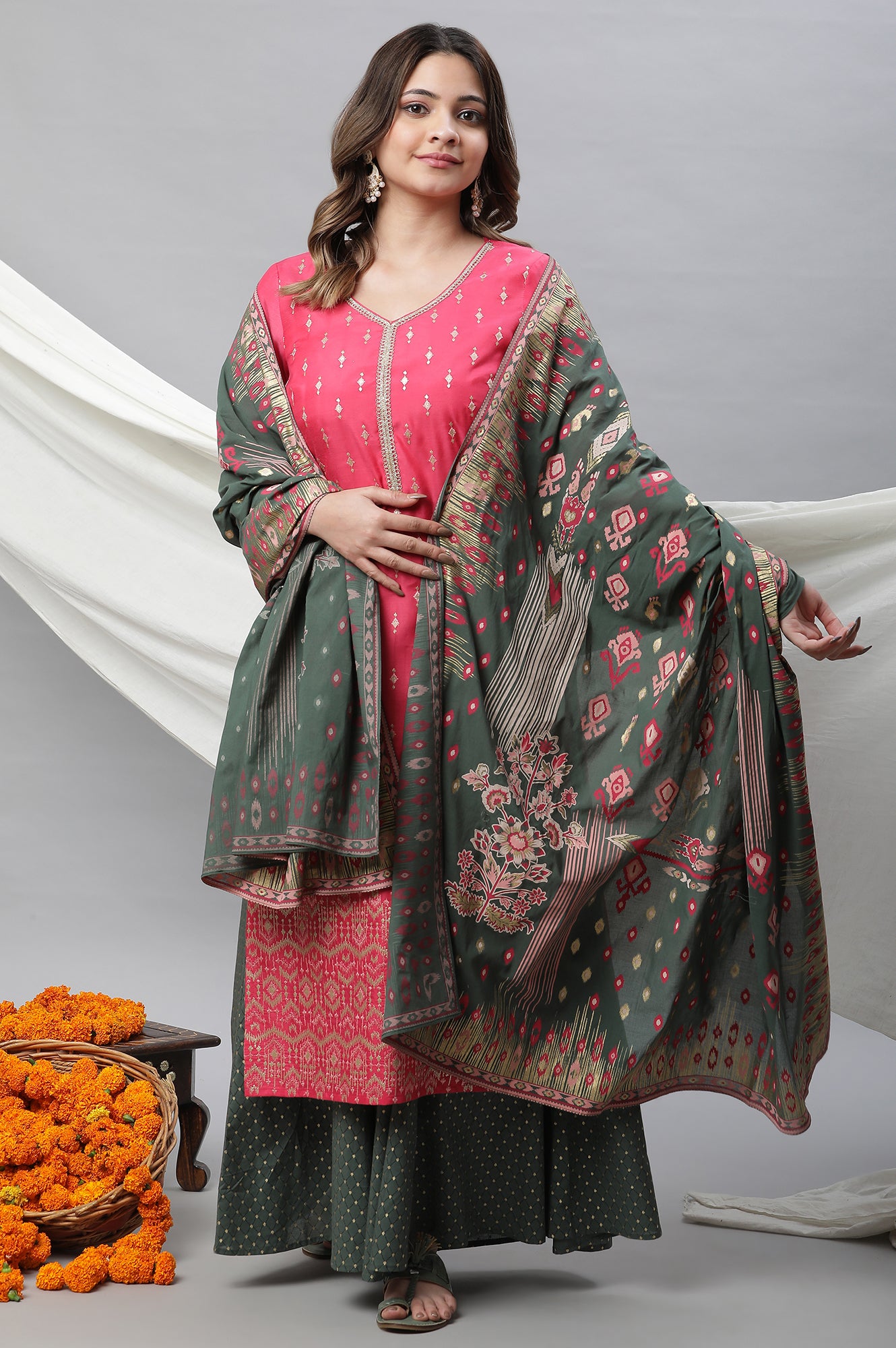 Green Ikkat Printed Cotton Dupatta