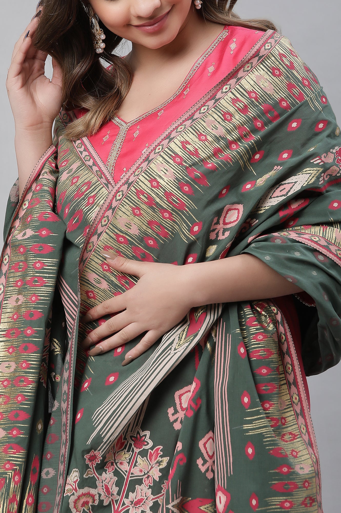 Green Ikkat Printed Cotton Dupatta