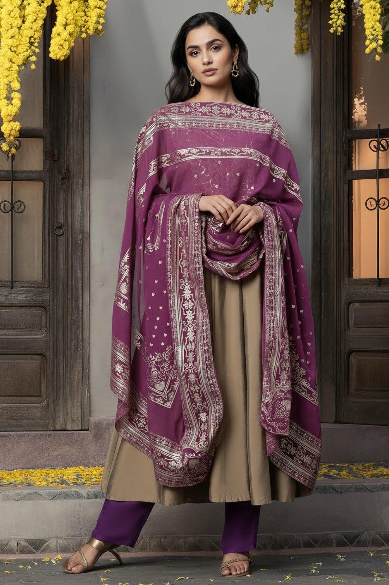 Purple Chiffon Dupatta with Gold Foil Print