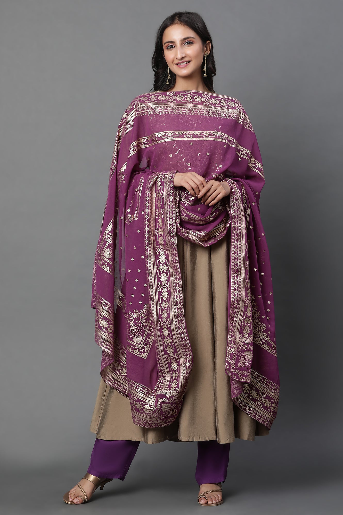 Purple Chiffon Dupatta with Gold Foil Print