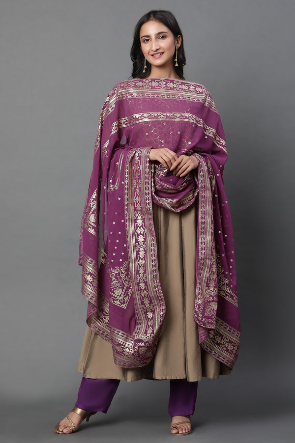 Purple Floral Gold Printed Rectangular Woven Dupatta