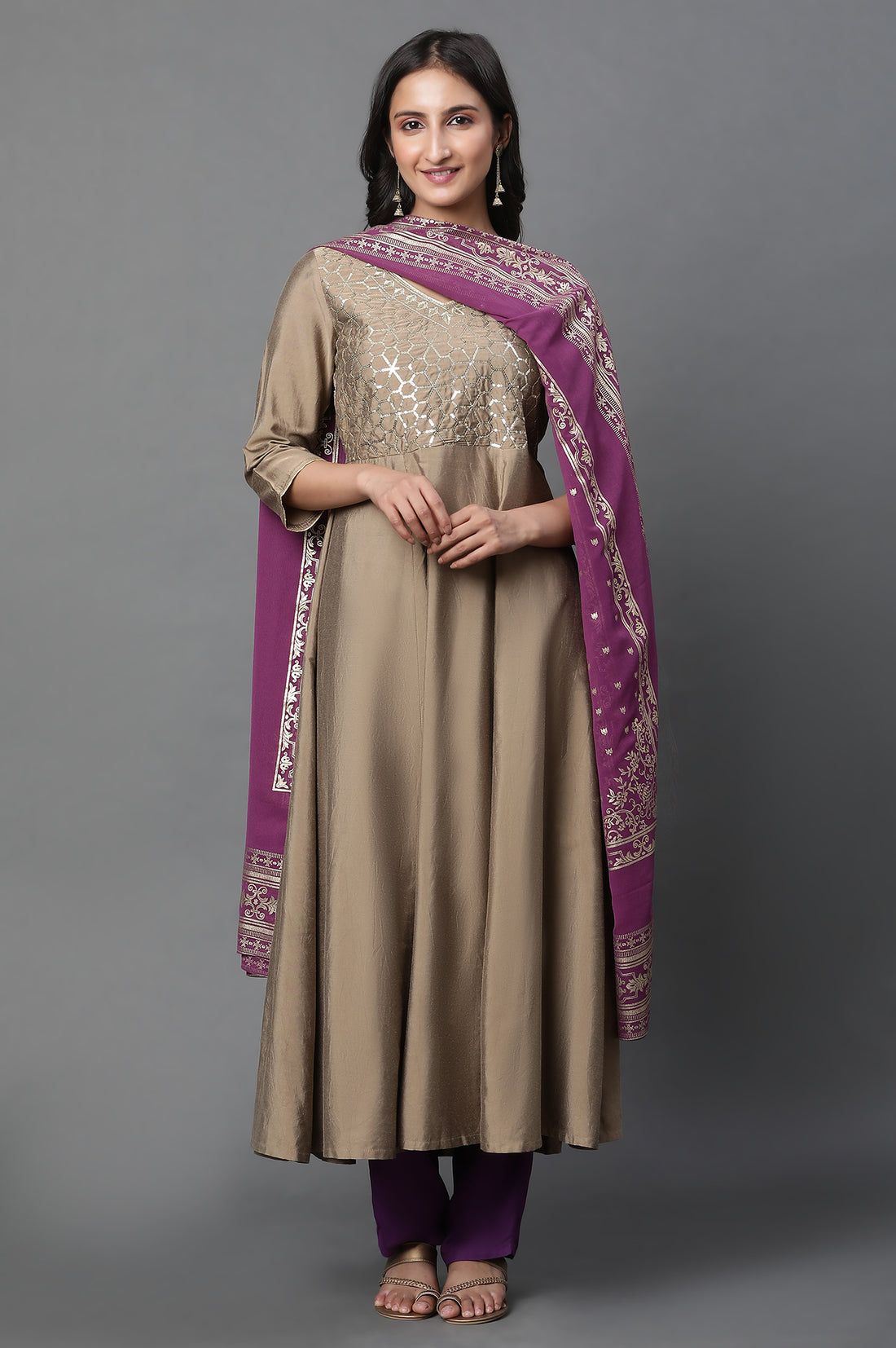 Purple Floral Gold Printed Rectangular Woven Dupatta