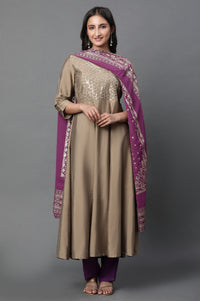 Purple Floral Gold Printed Rectangular Woven Dupatta