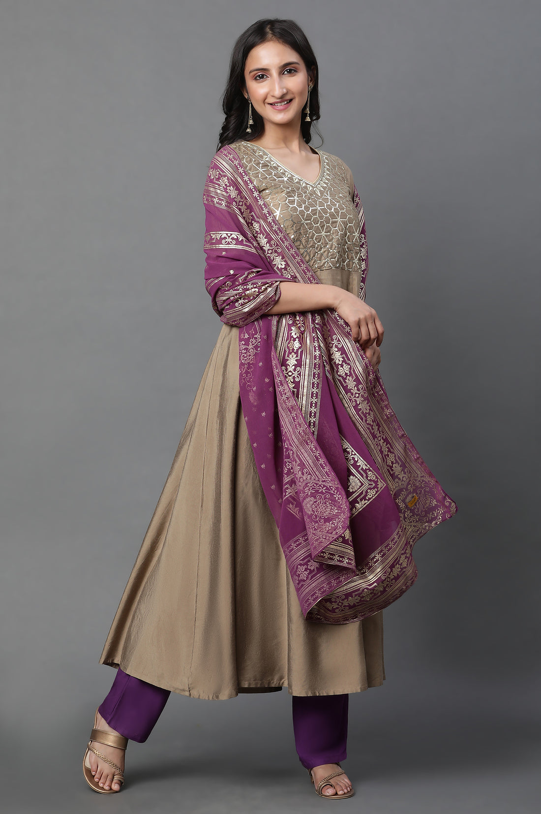 Purple Floral Gold Printed Rectangular Woven Dupatta