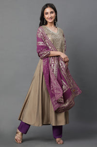 Purple Floral Gold Printed Rectangular Woven Dupatta