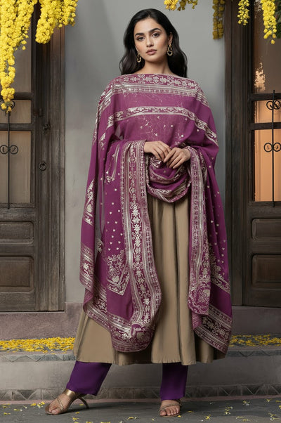 Purple Chiffon Dupatta with Gold Foil Print