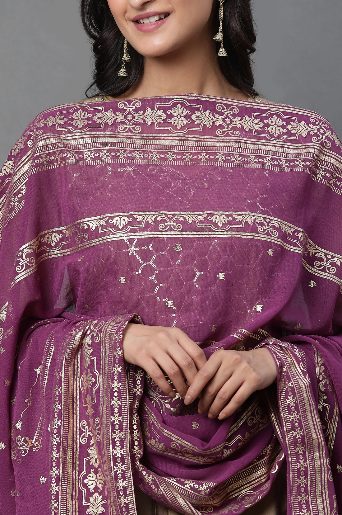 Purple Floral Gold Printed Rectangular Woven Dupatta