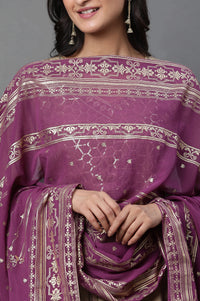 Purple Floral Gold Printed Rectangular Woven Dupatta