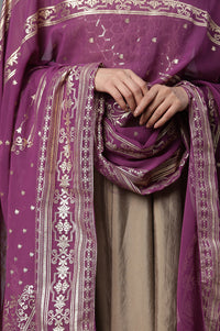 Purple Floral Gold Printed Rectangular Woven Dupatta