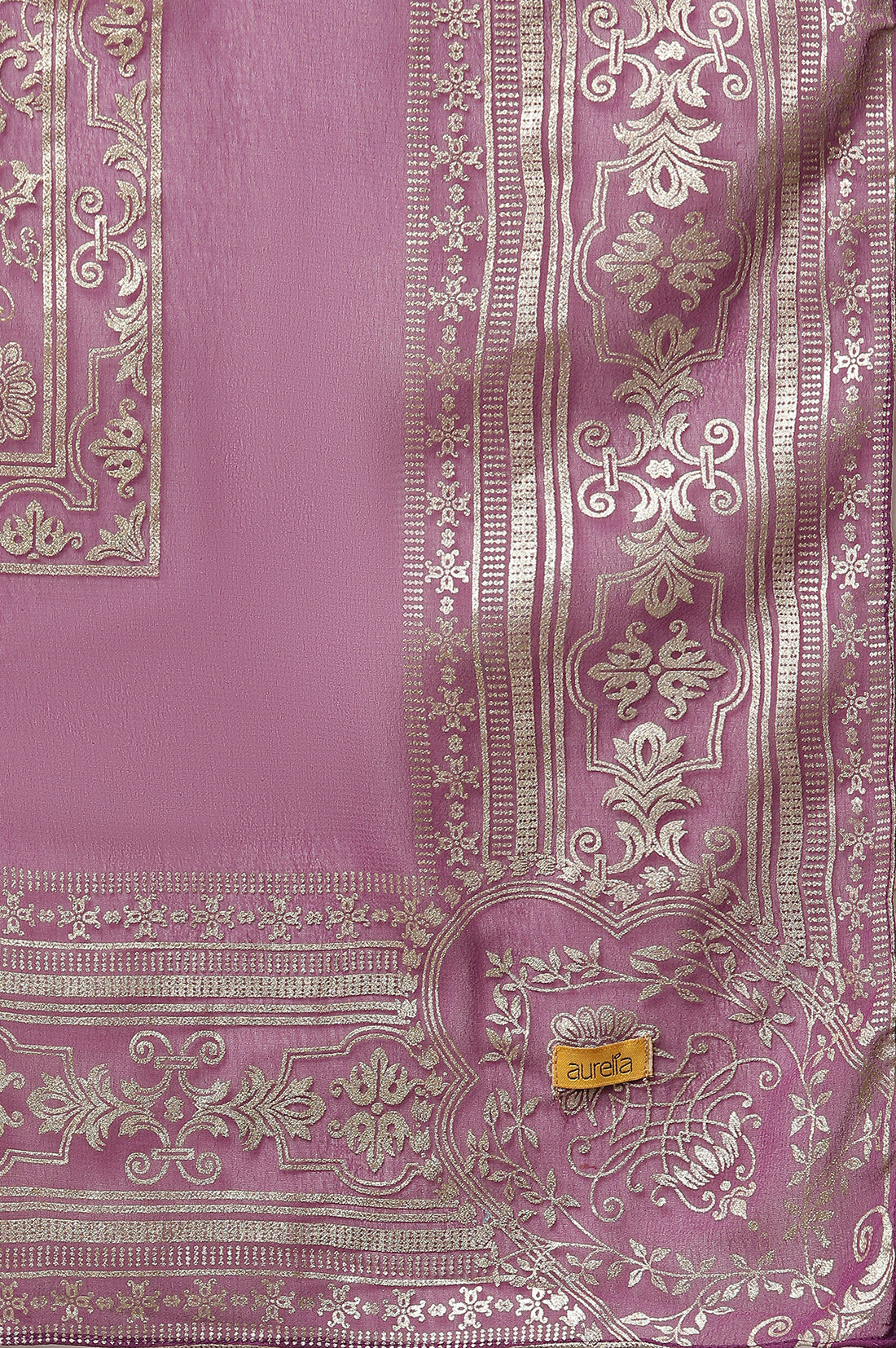 Purple Floral Gold Printed Rectangular Woven Dupatta