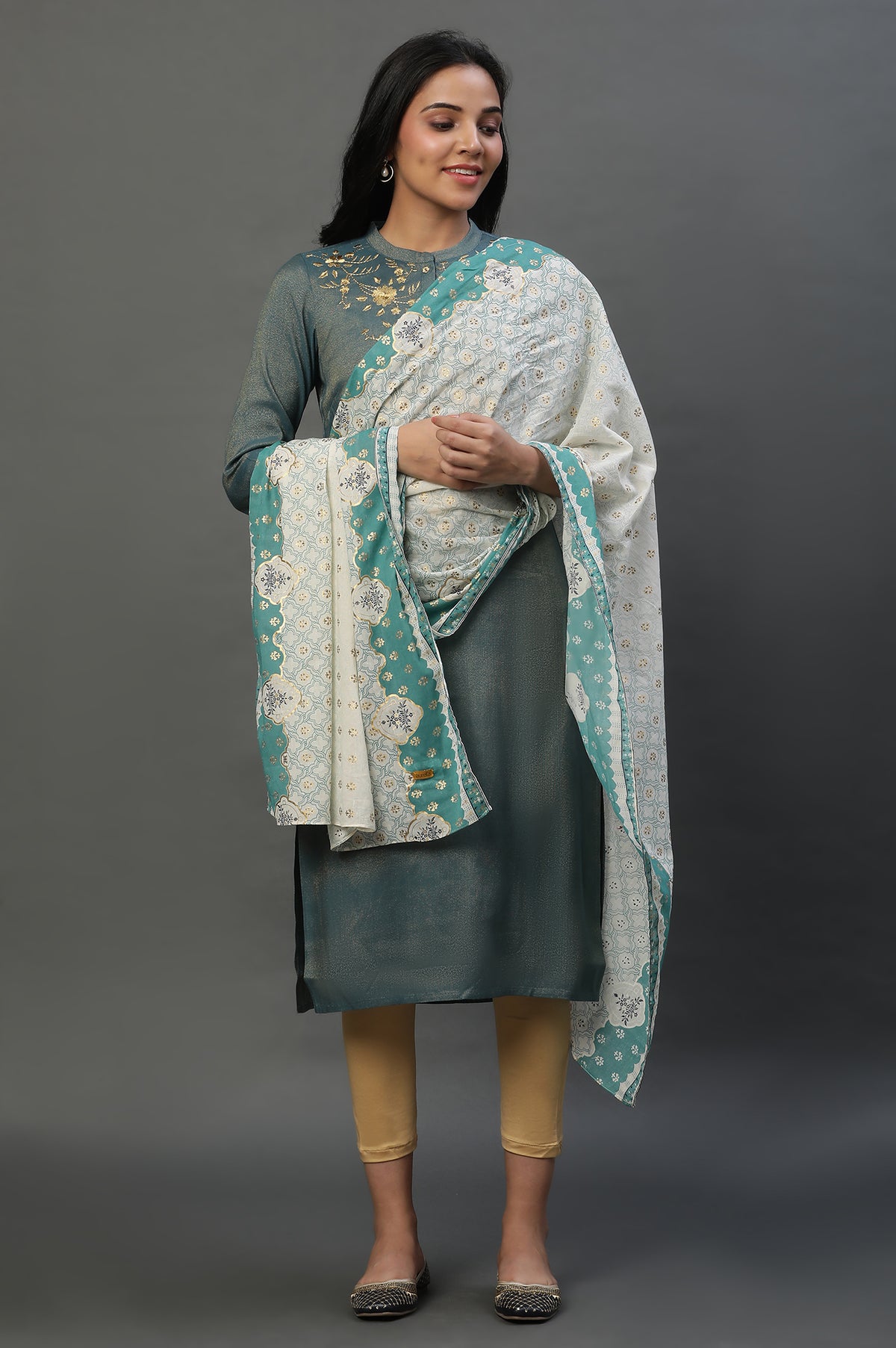 Off-White Floral Zari Print Chiffon Dupatta - FS