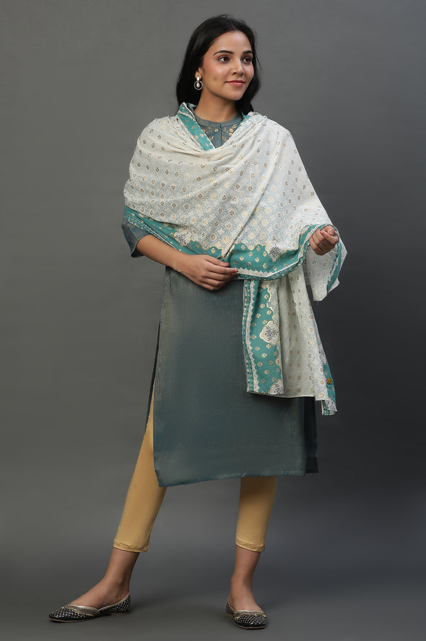 Off-White Floral Zari Print Chiffon Dupatta