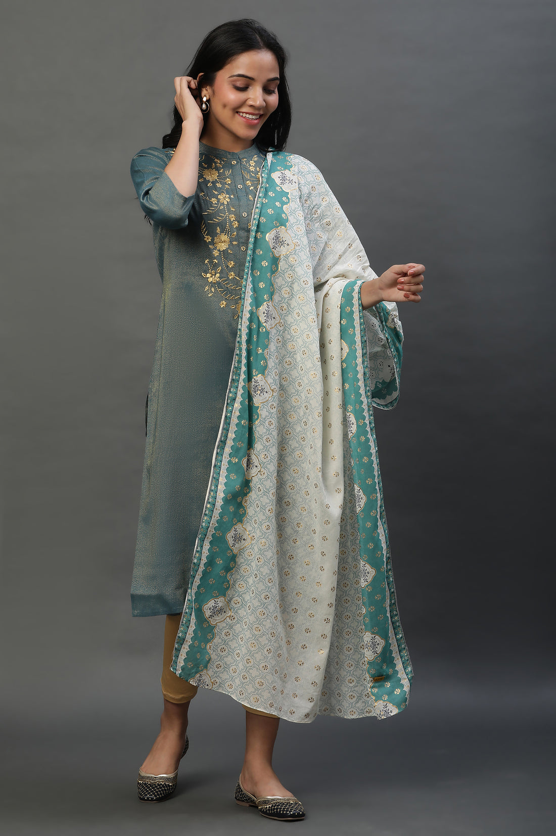 Off-White Floral Zari Print Chiffon Dupatta