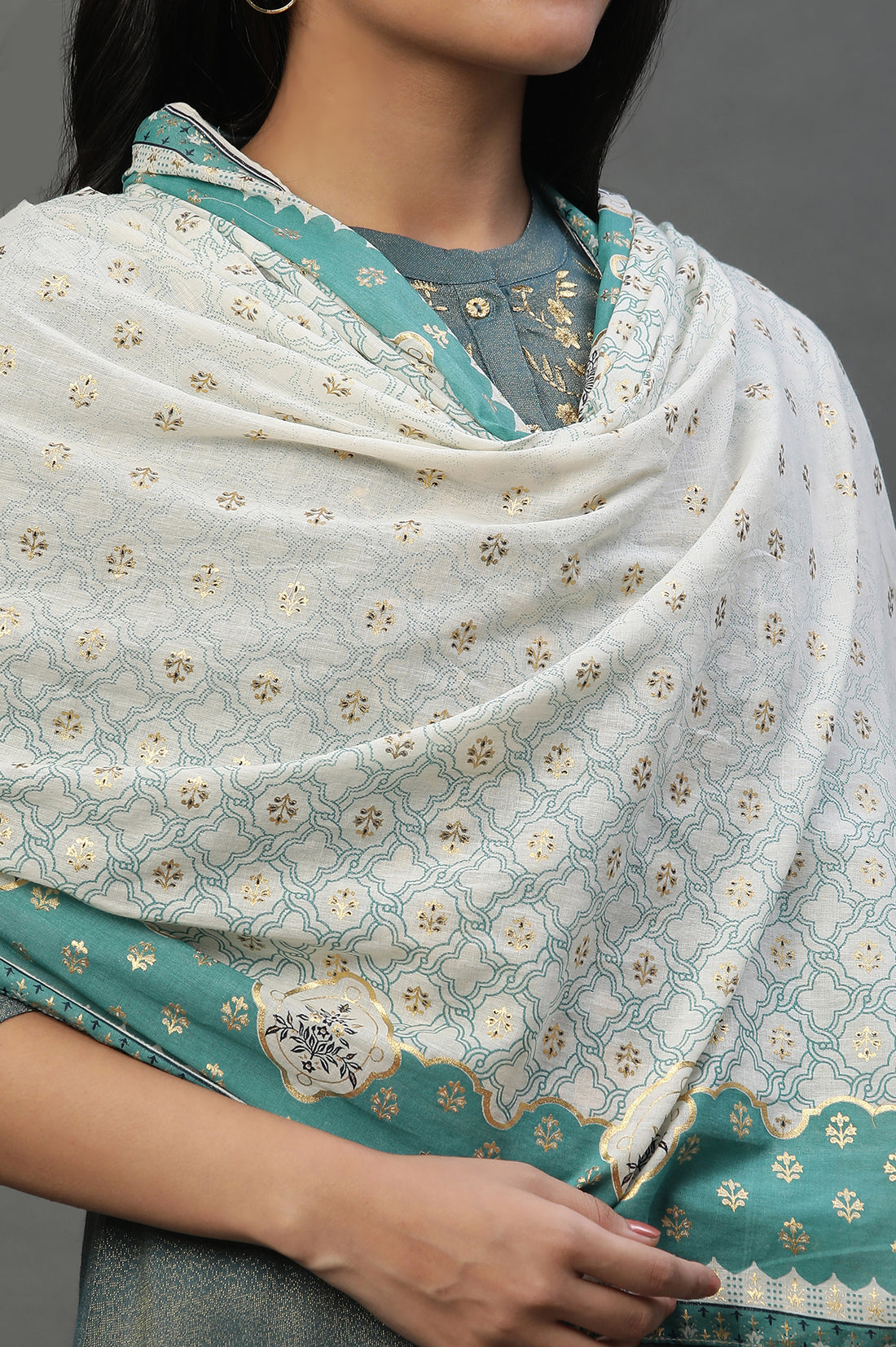 Off-White Floral Zari Print Chiffon Dupatta
