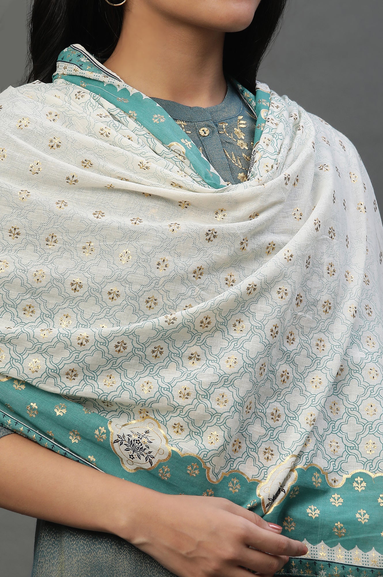 Off-White Floral Zari Print Chiffon Dupatta
