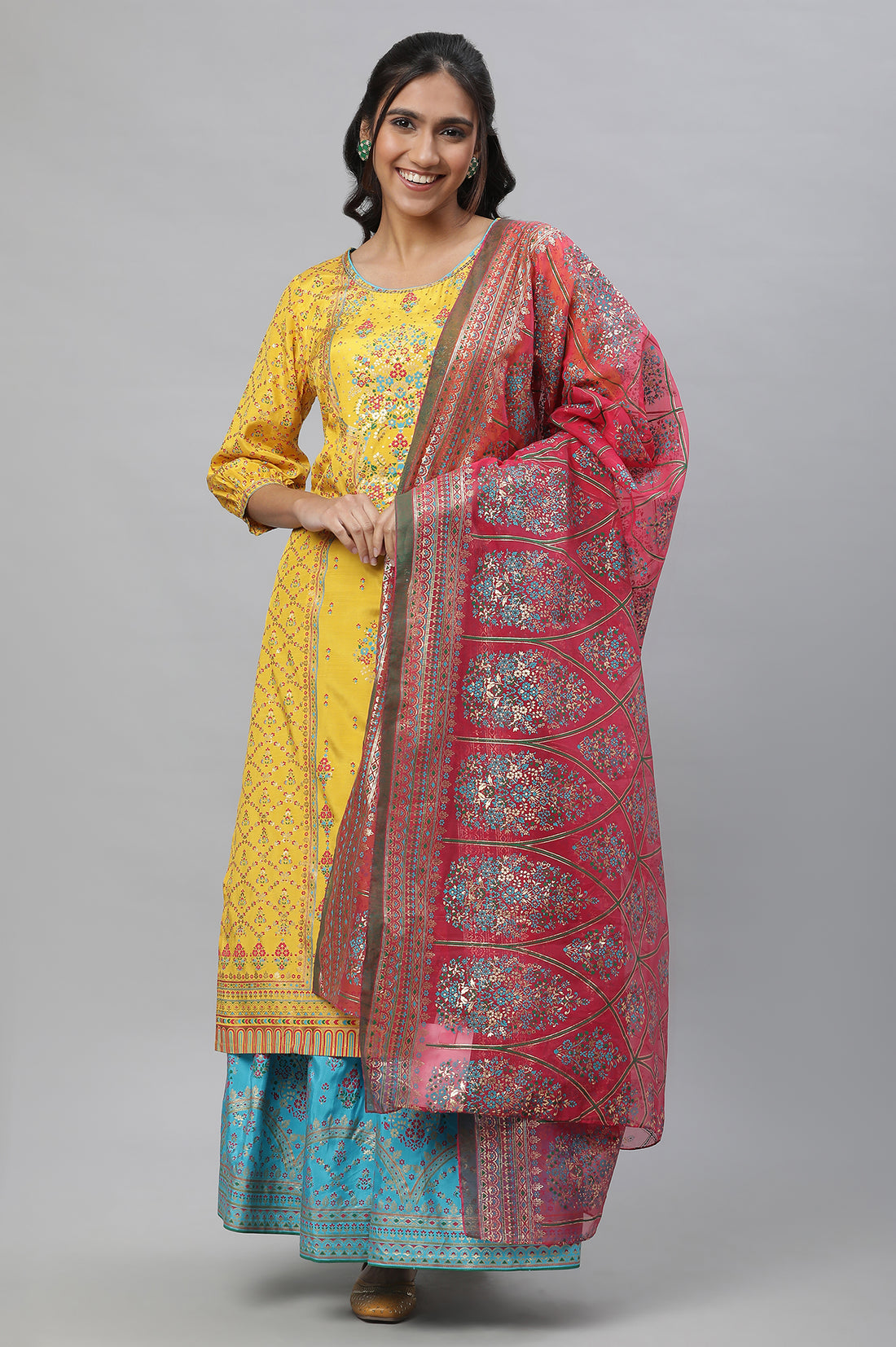 Pink Floral Zari Print Chiffon Dupatta
