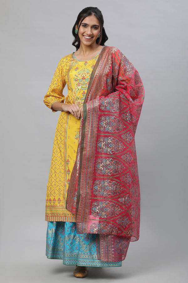 Pink Floral Zari Print Chiffon Dupatta