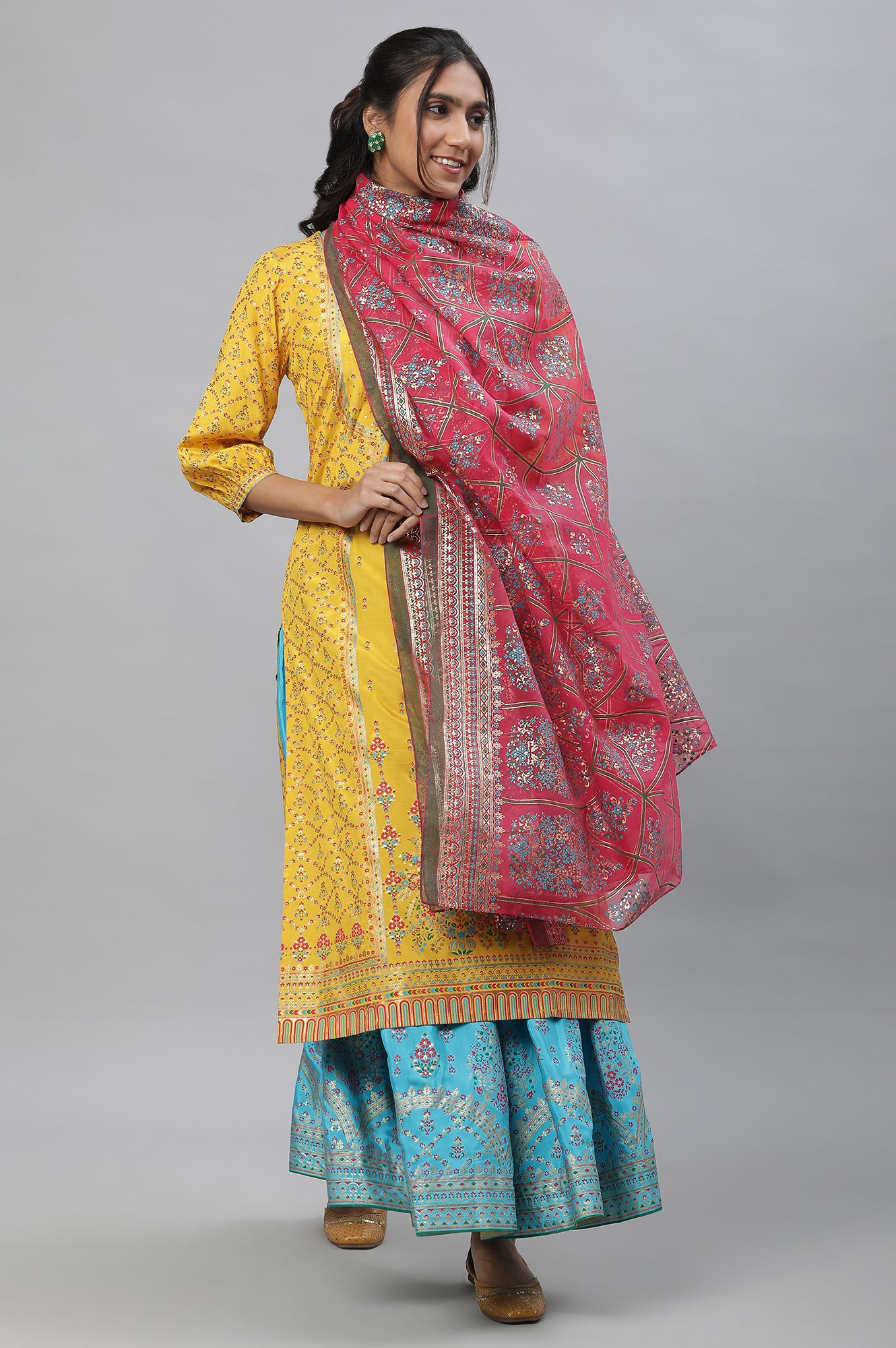 Pink Floral Zari Print Chiffon Dupatta