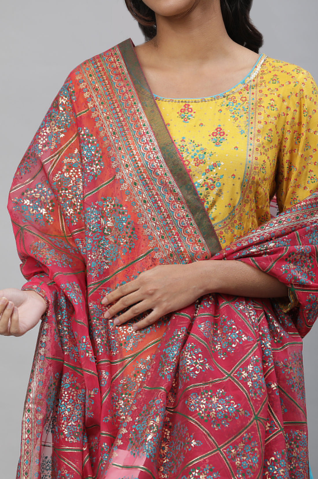 Pink Floral Zari Print Chiffon Dupatta