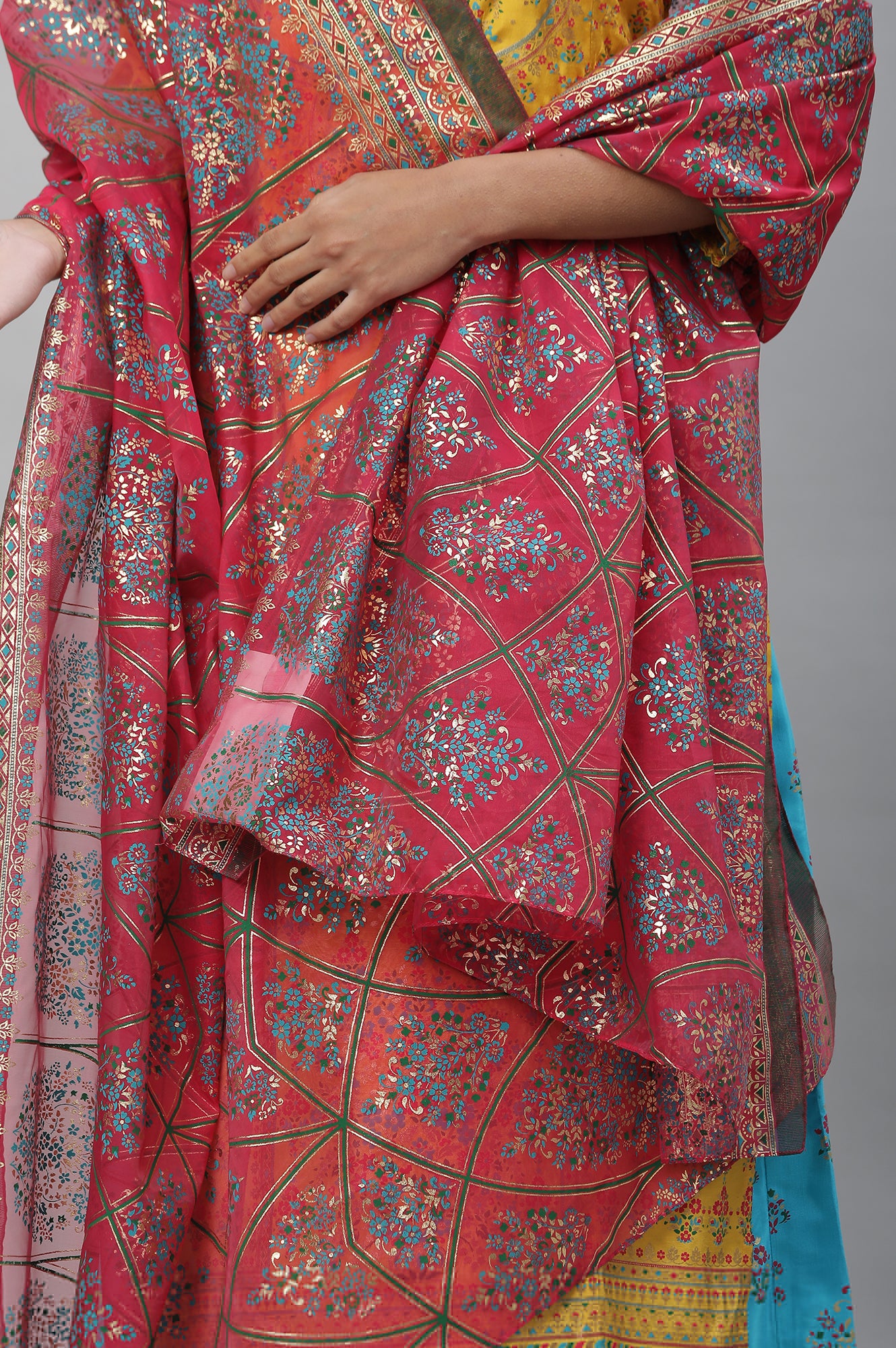 Pink Floral Zari Print Chiffon Dupatta