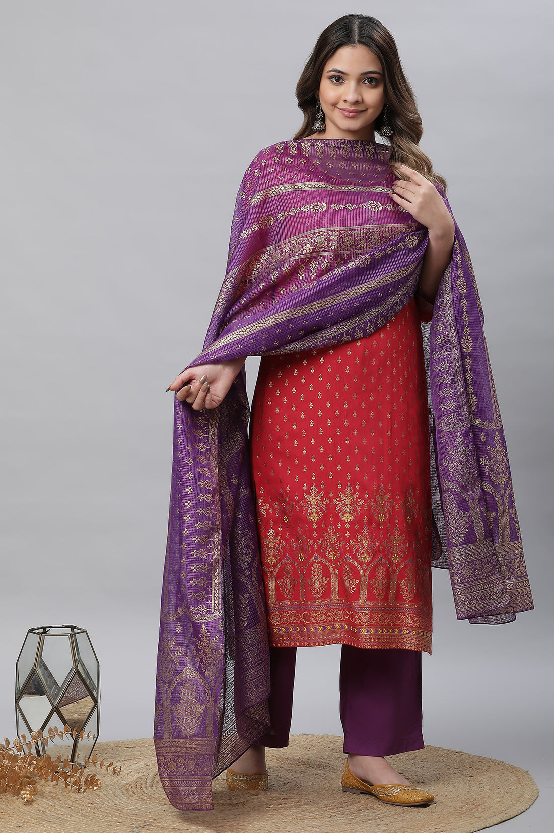 Purple Floral Zari Print Chiffon Dupatta
