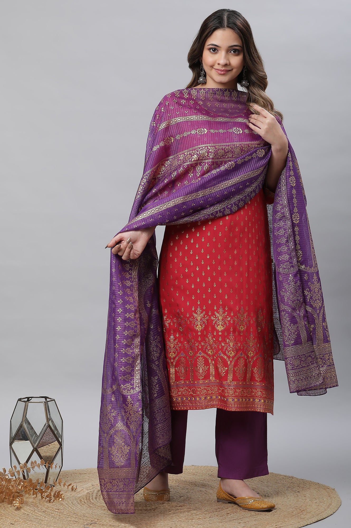 Purple Floral Zari Print Chiffon Dupatta