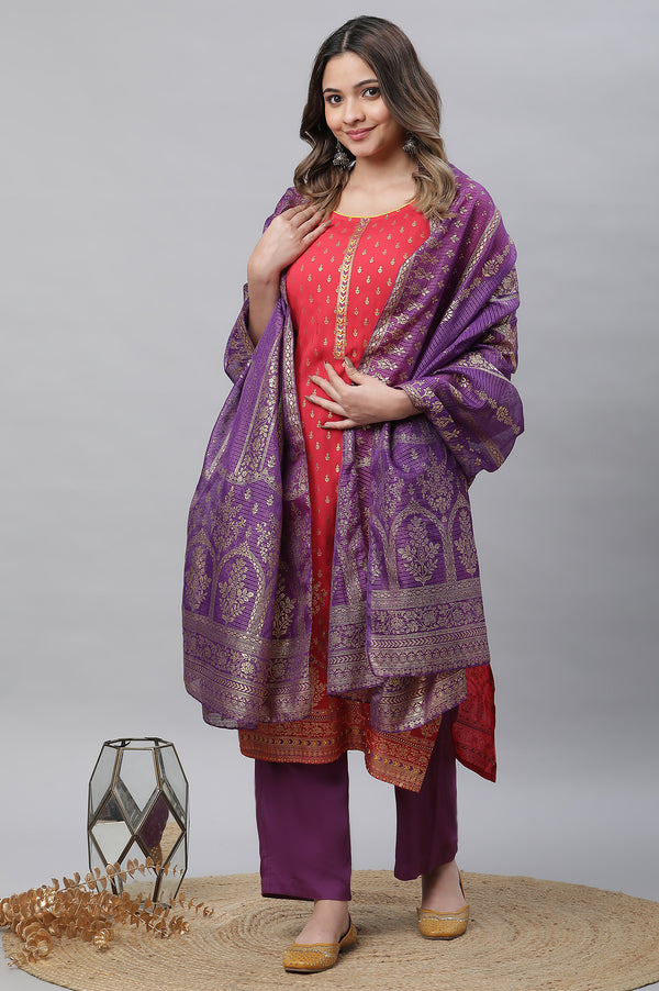 Purple Floral Zari Print Chiffon Dupatta