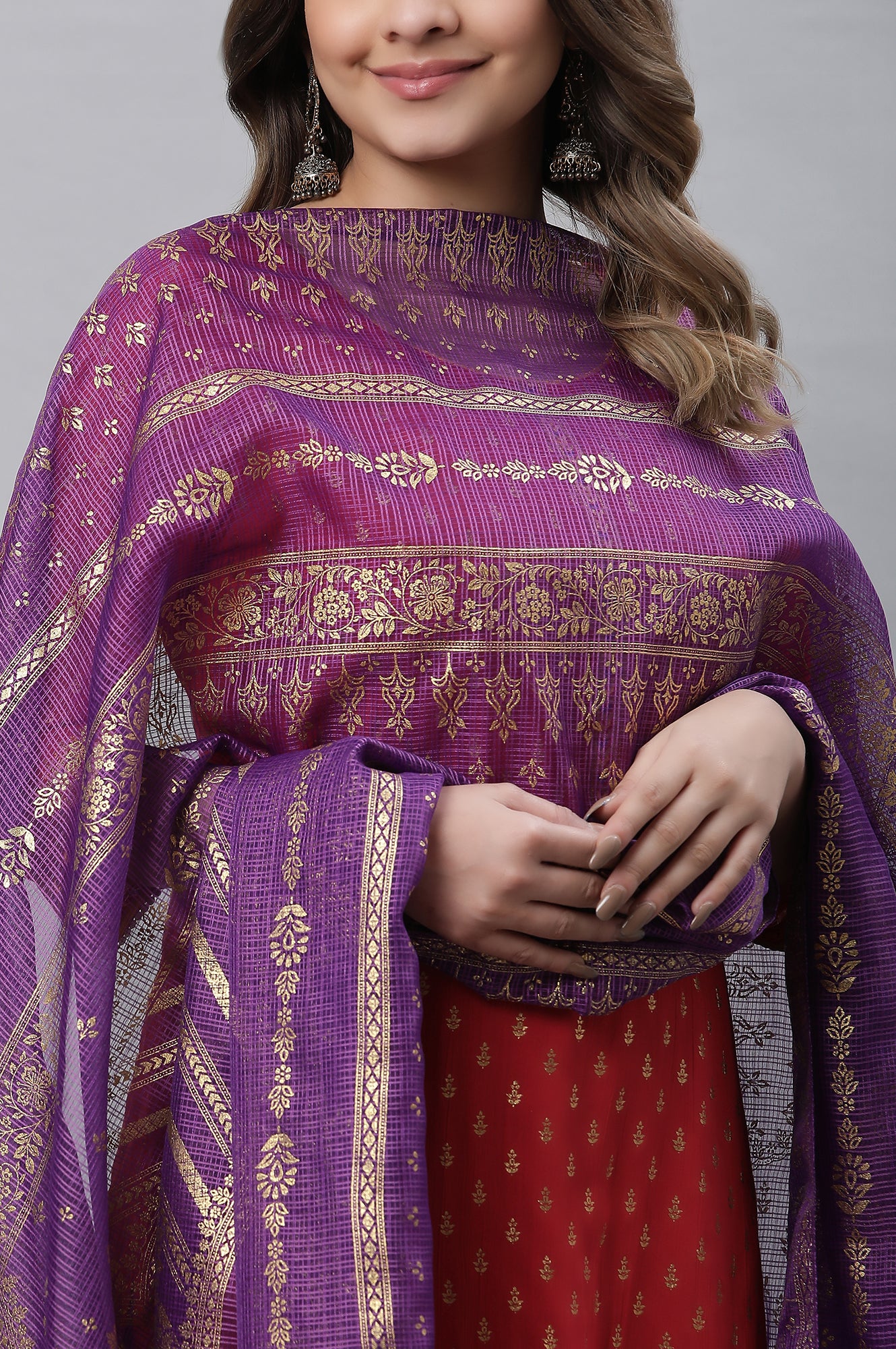 Purple Floral Zari Print Chiffon Dupatta