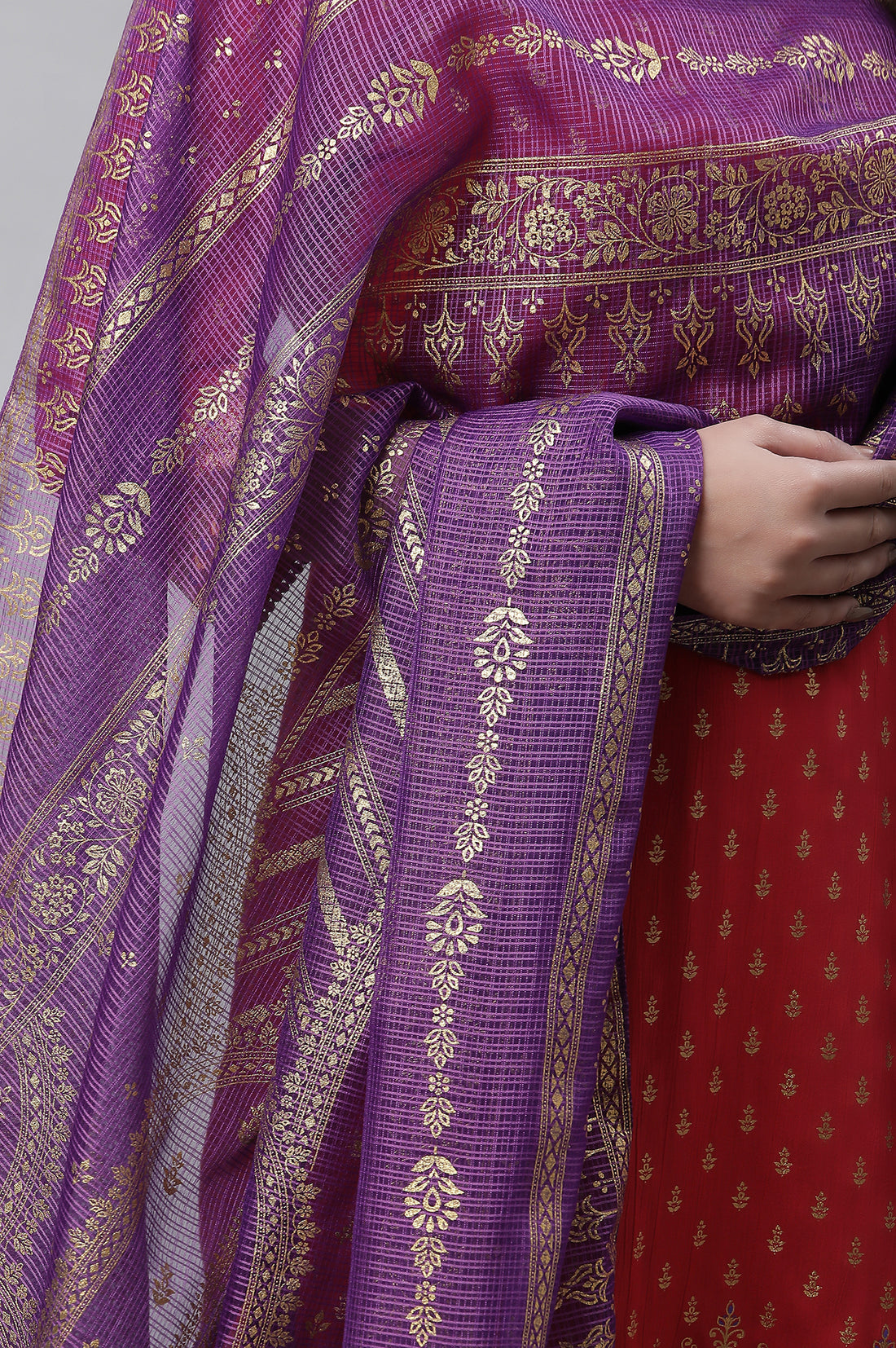 Purple Floral Zari Print Chiffon Dupatta