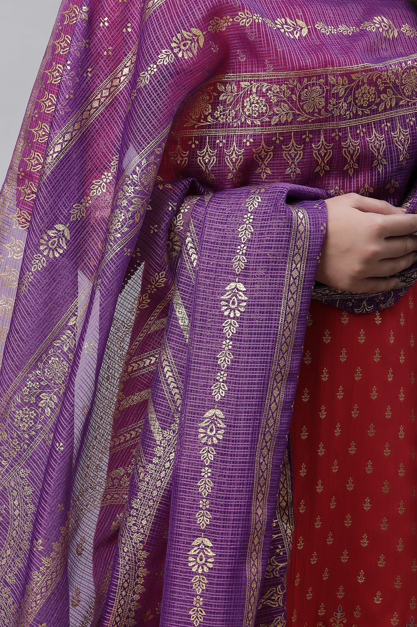 Purple Floral Zari Print Chiffon Dupatta