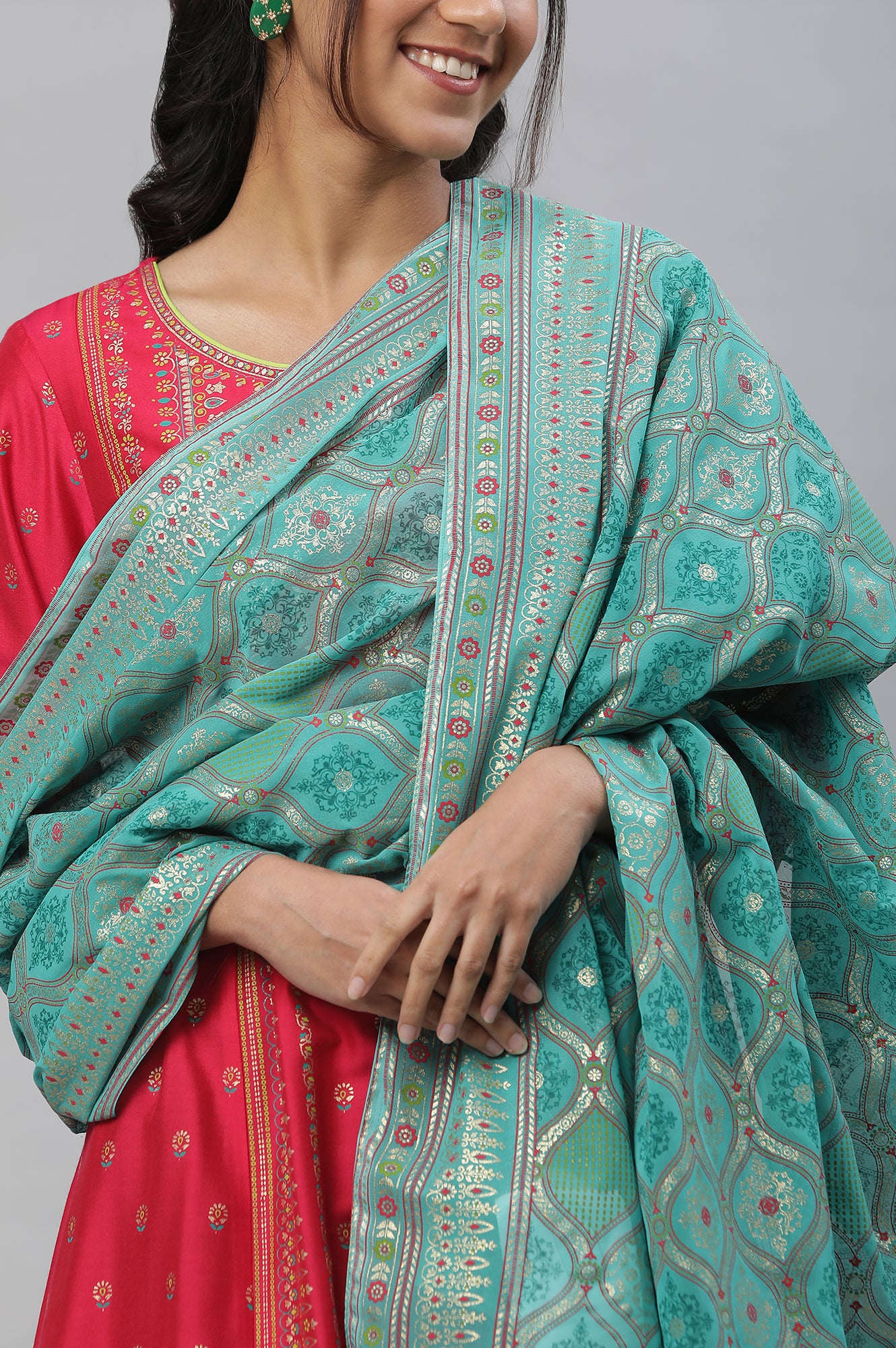 Green Floral Printed Poly Georgette Dupatta