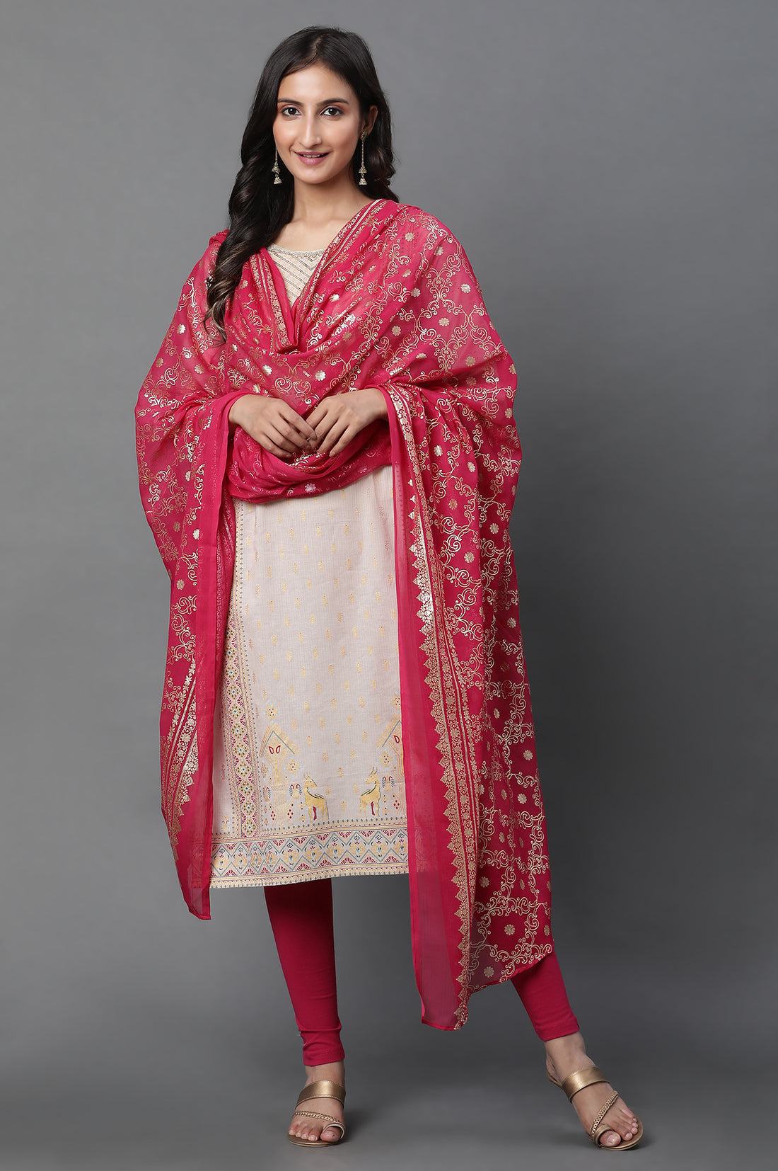 Pink Floral Gold Printed Rectangular Woven Dupatta