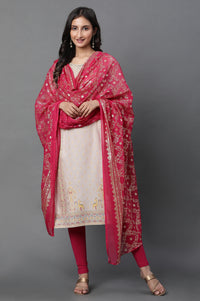 Pink Floral Gold Printed Rectangular Woven Dupatta