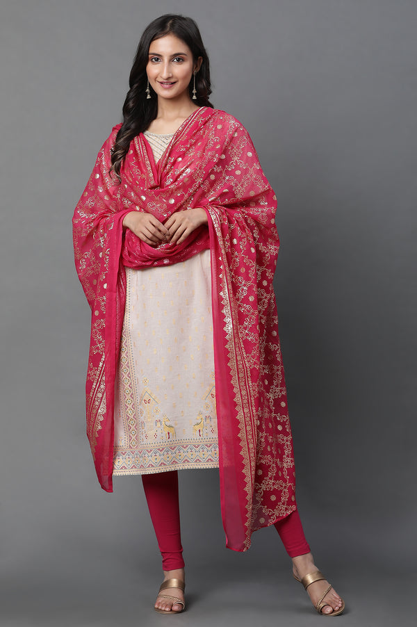 Pink Floral Gold Printed Rectangular Woven Dupatta