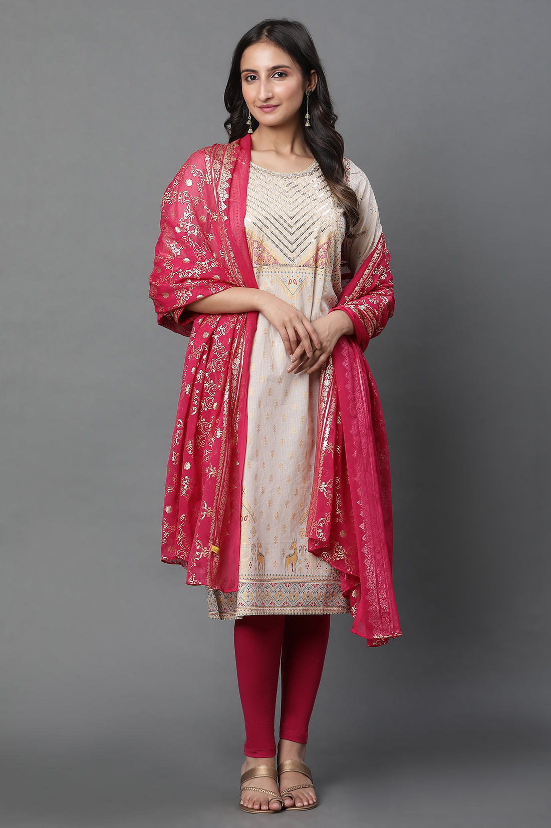 Pink Floral Gold Printed Rectangular Woven Dupatta