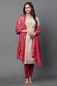 Pink Floral Gold Printed Rectangular Woven Dupatta