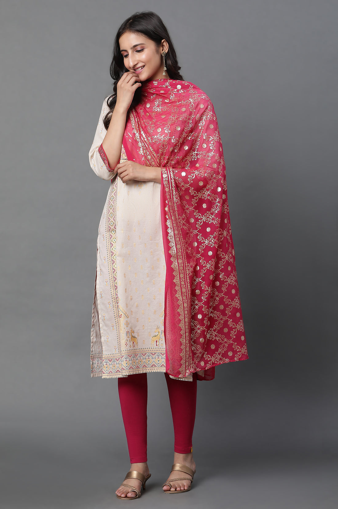 Pink Floral Gold Printed Rectangular Woven Dupatta