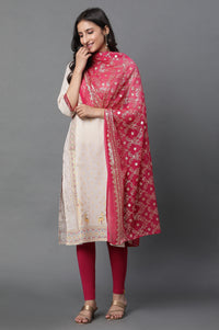 Pink Floral Gold Printed Rectangular Woven Dupatta