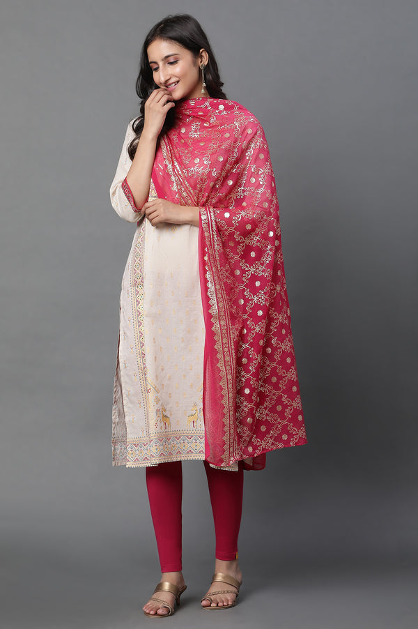 Pink Floral Gold Printed Rectangular Woven Dupatta