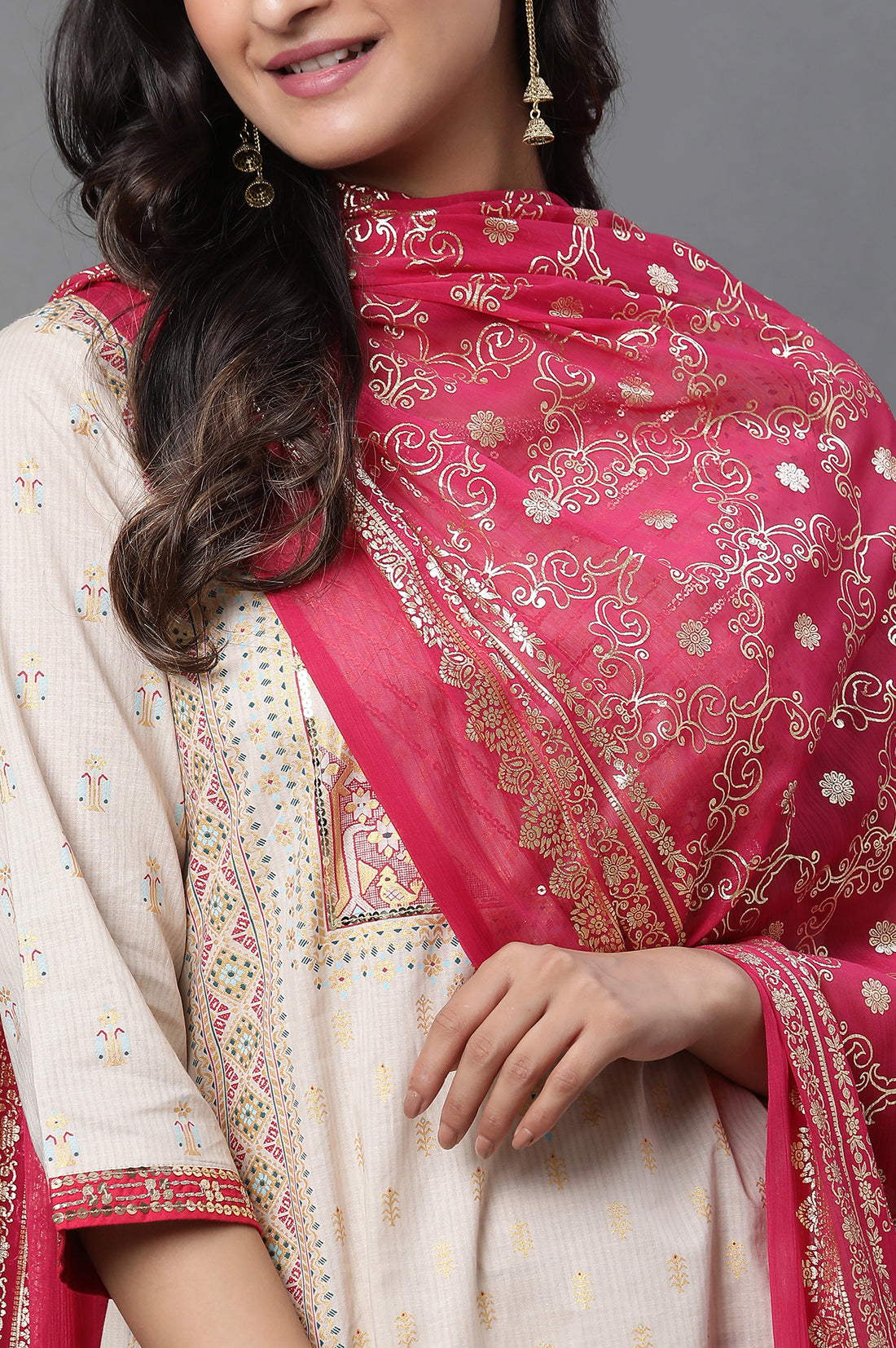 Pink Floral Gold Printed Rectangular Woven Dupatta