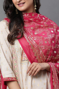 Pink Floral Gold Printed Rectangular Woven Dupatta
