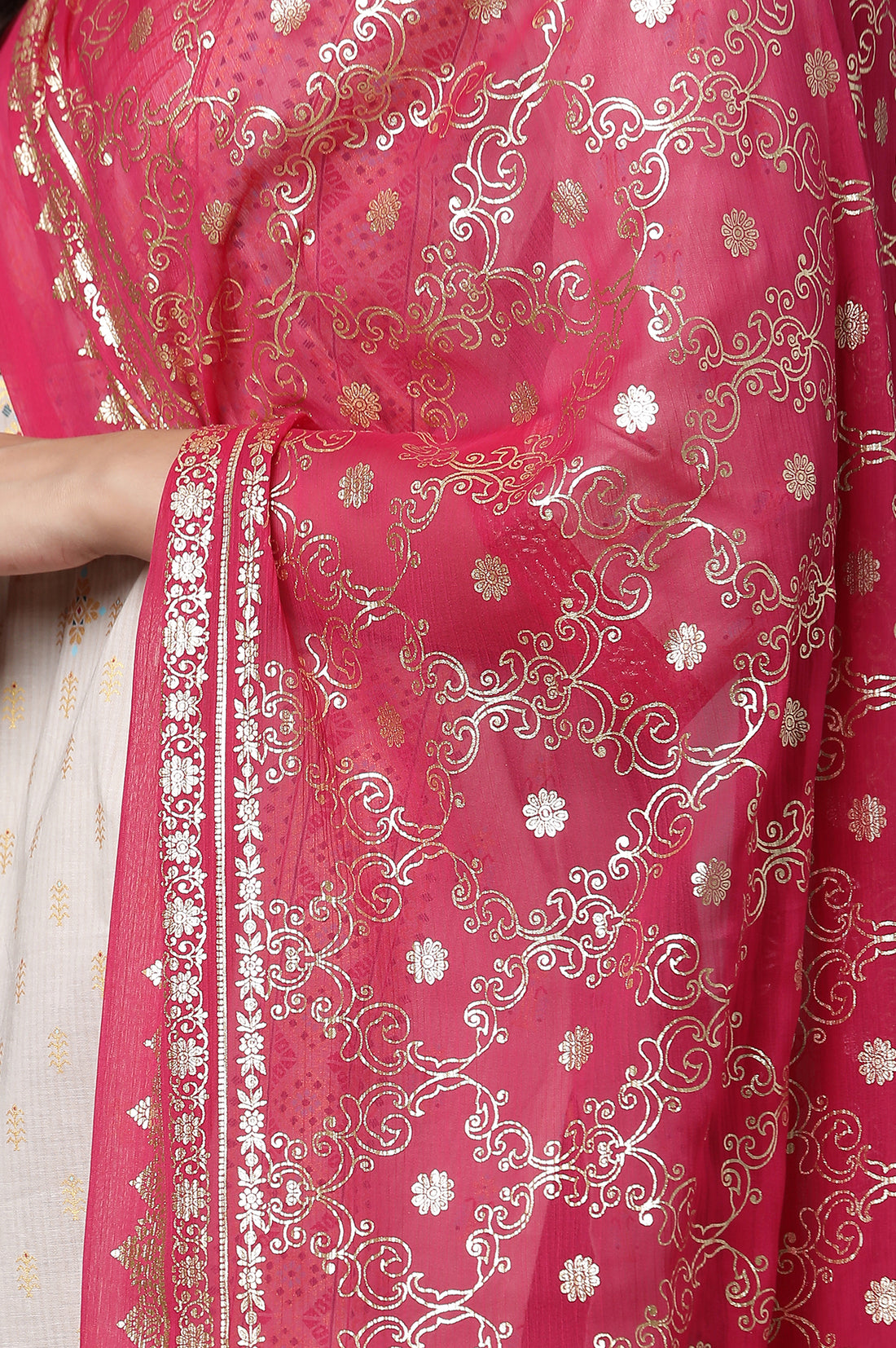 Pink Floral Gold Printed Rectangular Woven Dupatta