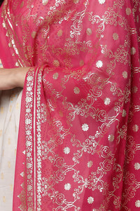 Pink Floral Gold Printed Rectangular Woven Dupatta