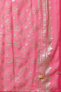 Pink Floral Gold Printed Rectangular Woven Dupatta