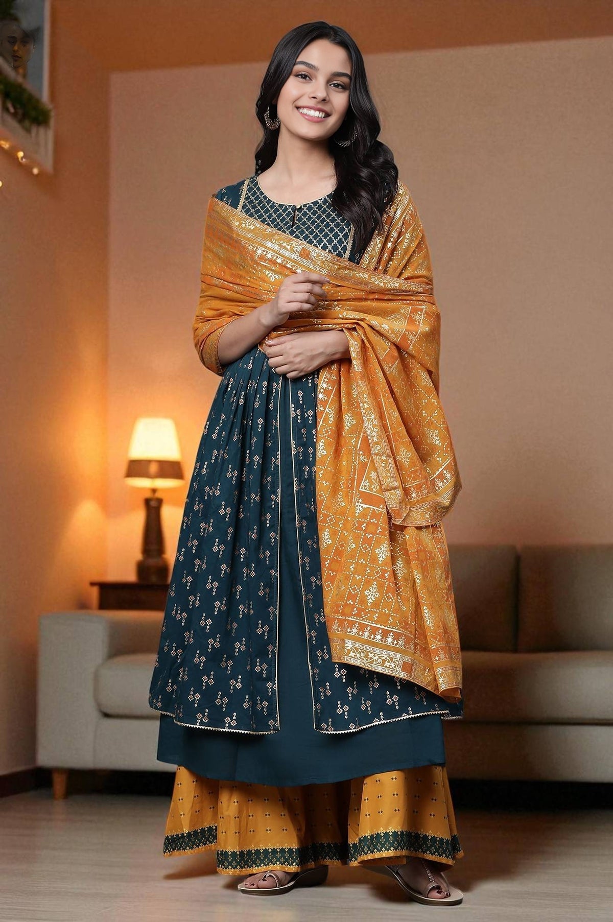 Yellow Floral Foil Printed Pure Cotton Dupatta - FS