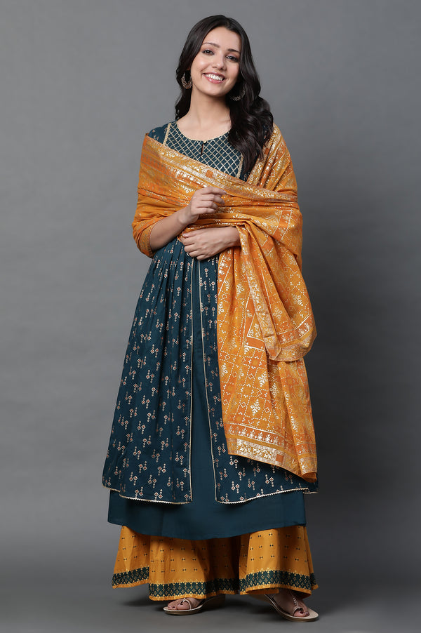 Yellow Floral Foil Printed Pure Cotton Dupatta
