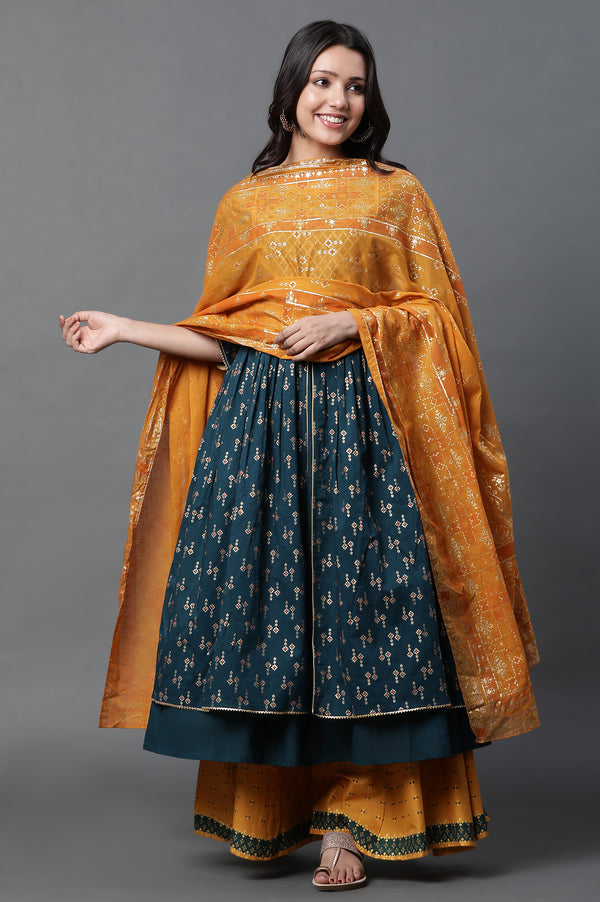Yellow Floral Foil Printed Pure Cotton Dupatta